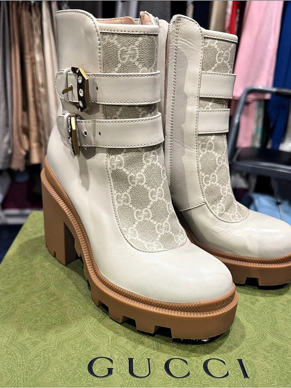 Gucci GG Supreme Ankle Accent Ankle Boots White Platform Boots White & Brown
